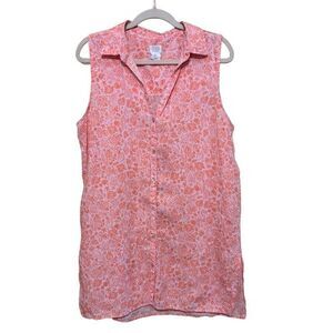 Sigrid Olsen Sleeveless Linen Tunic Top Large Pink Coastal Seashell Coral Print